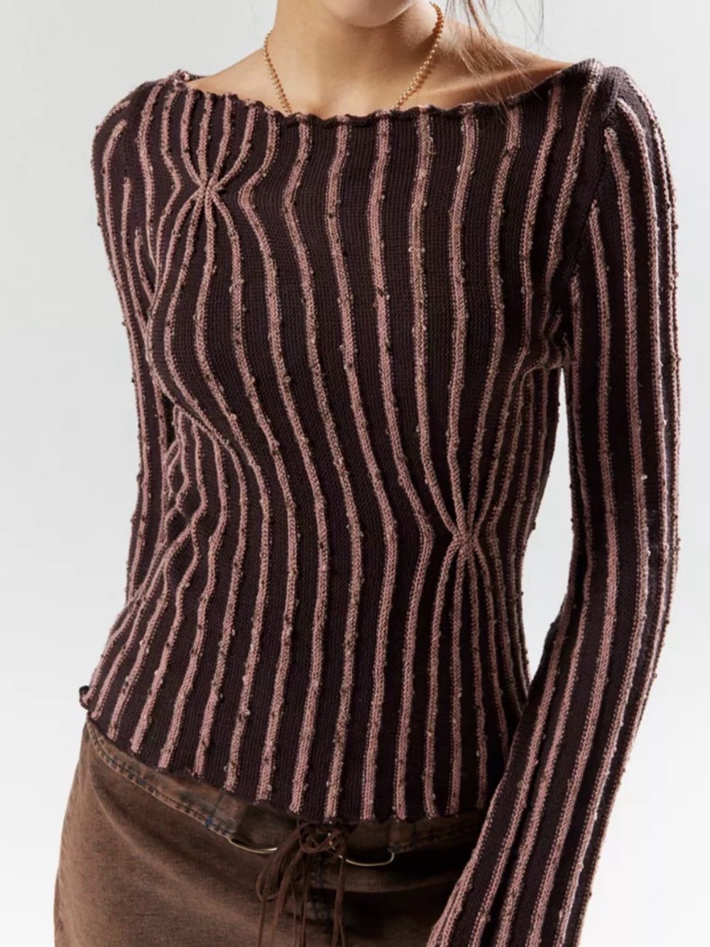 Striped Ribbed Long-Sleeve Top in Brown